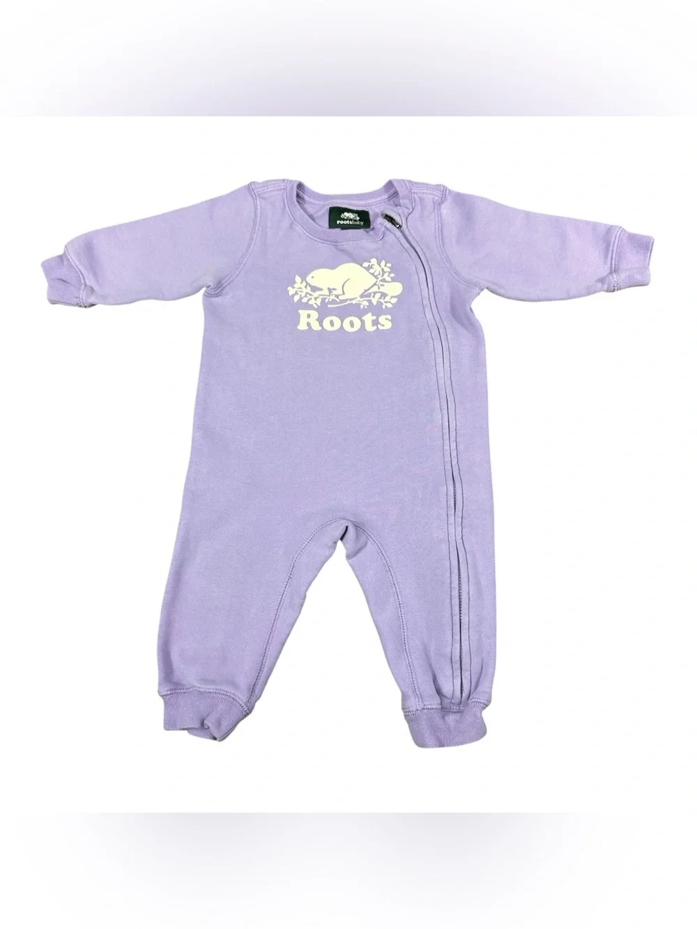 Roots Baby Romper 6-12M Lavender Purple Beaver Logo Organic Cotton Fleece